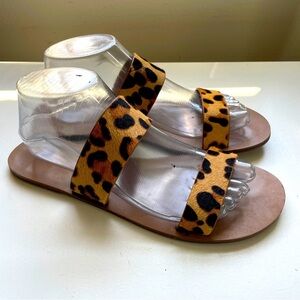J.Crew double strap leopard print calfhair leather minimalist sandals slides 9
